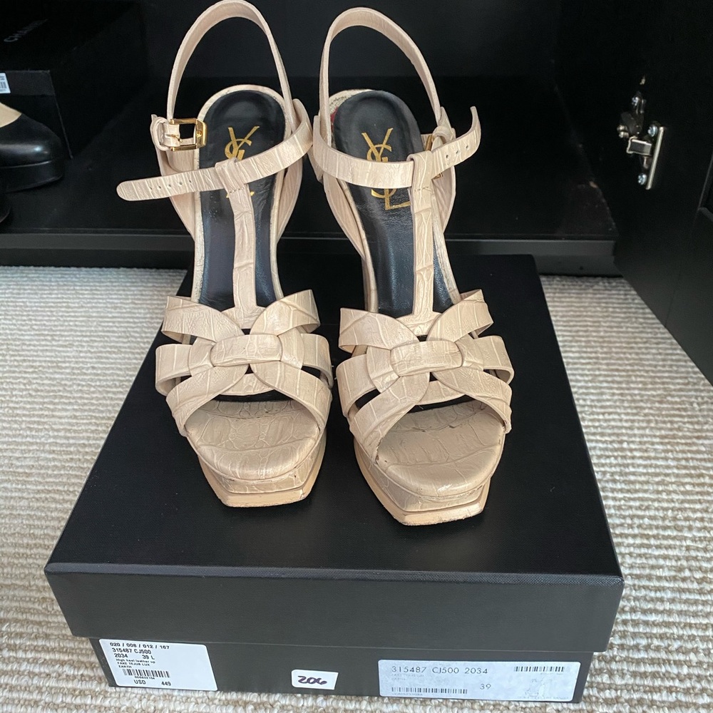 YSL Tribute Sandal Heel in Nude